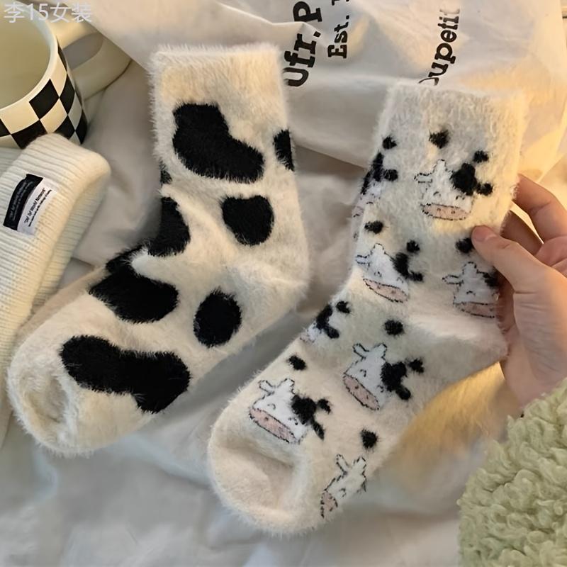 Cute Cow Spots Print Socks, Thickened & Warm Coral Fleece Socks, Women's Stockings & Hosiery Fabric Spandex