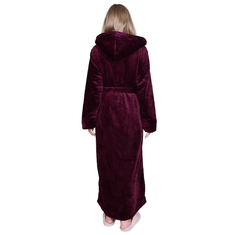 Womens Soft Hooded  Plush Robe, Luxury Fluffy Robe Long Fleece Spa Bathrobe for Women (M, Wine Red)