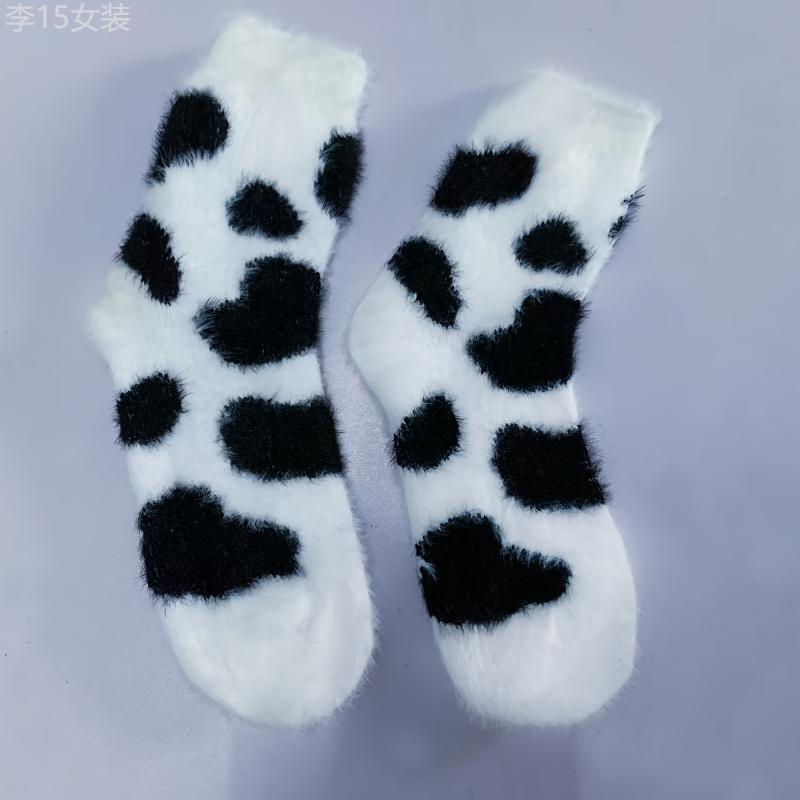 Cute Cow Spots Print Socks, Thickened & Warm Coral Fleece Socks, Women's Stockings & Hosiery Fabric Spandex