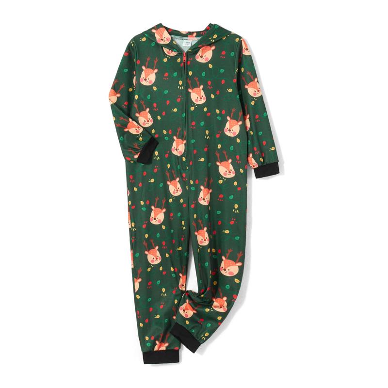 Christmas Pajamas For Family, Long Sleeve Hooded Deer Print Zipper Closure Jumpsuit Loungewear