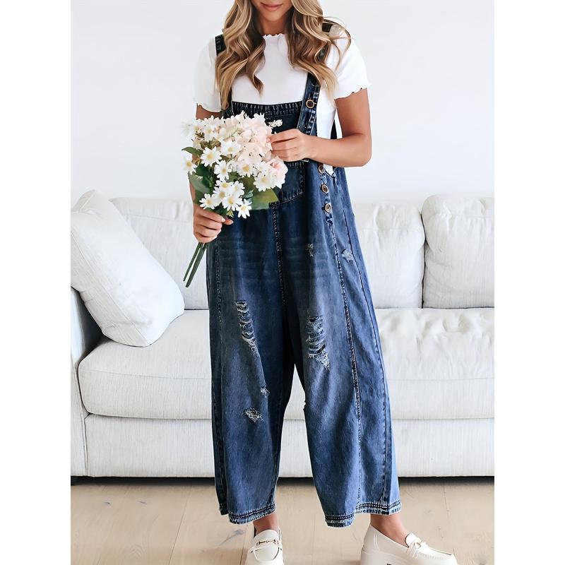 Women's Casual Denim Overalls Loose Adjustable Strap Distressed Bib Jeans Overall Jumpsuits With Pocket