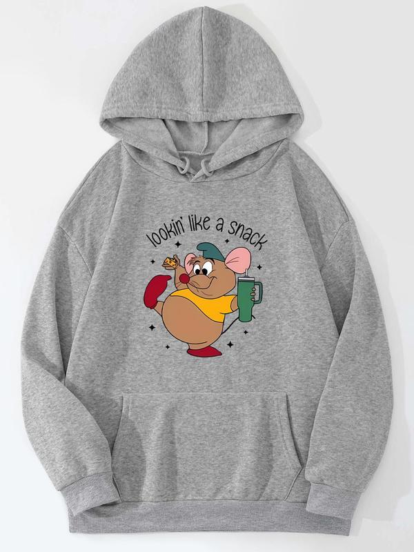  Cartoon Mouse Print Hoodie, Casual Long Sleeve Hooded Sweatshirt for Spring & Fall, Women's Clothing for Daily Wear