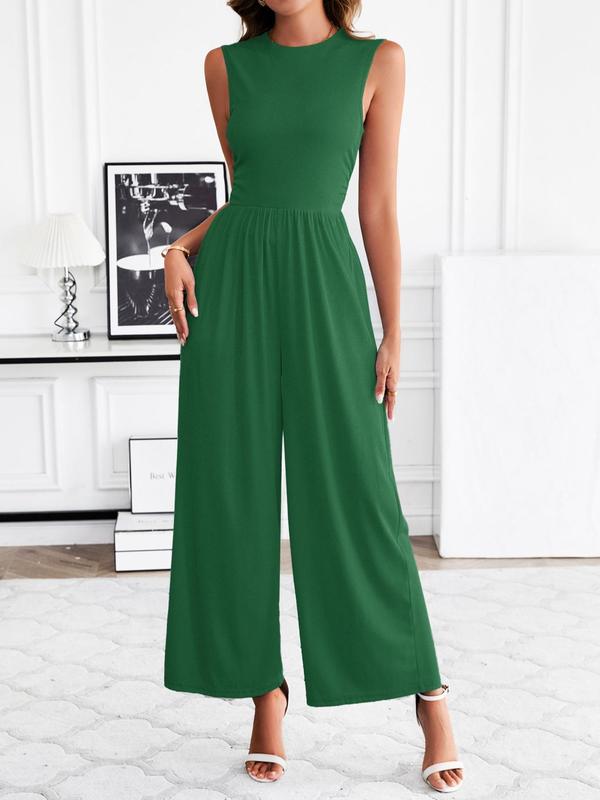 Women's Solid Pocket Zipper  Wide Leg Jumpsuit, Casual Sleeveless Round Neck Jumpsuit for Summer, Women's Jumpsuit for Daily Wear