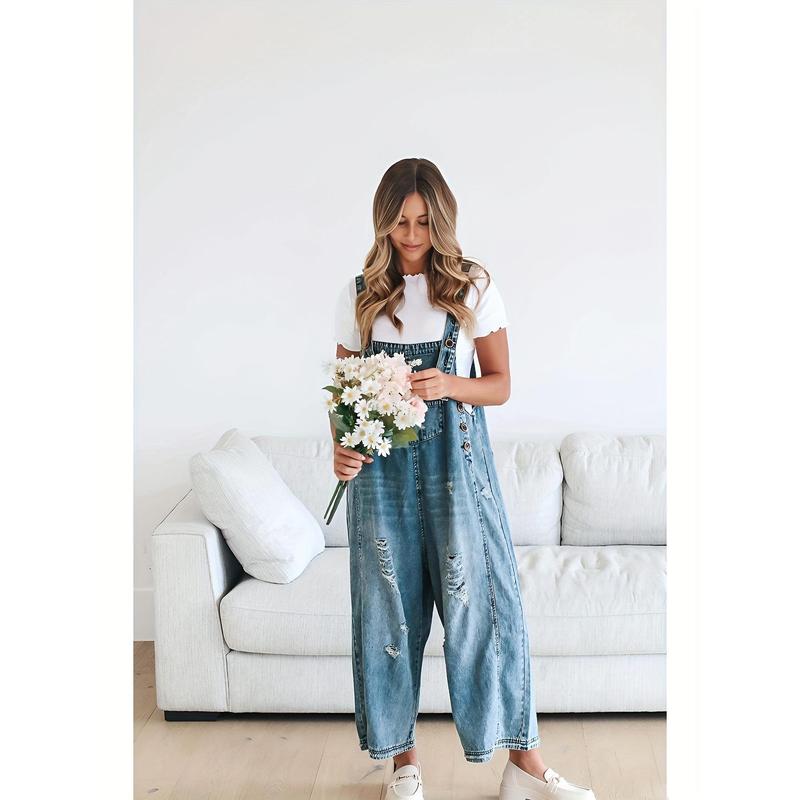 Women's Casual Denim Overalls Loose Adjustable Strap Distressed Bib Jeans Overall Jumpsuits With Pocket