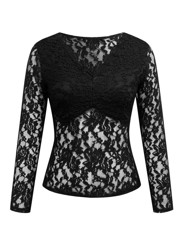 Women's Sexy Floral Lace Scallop Trim Deep V Neck Long Sleeve Tee, Graphic Tees, Womenswear Top, Lady Casual Comfort Sheer T-Shirt for Spring & Fall, Women's Clothes, Please Purchase A Size Up