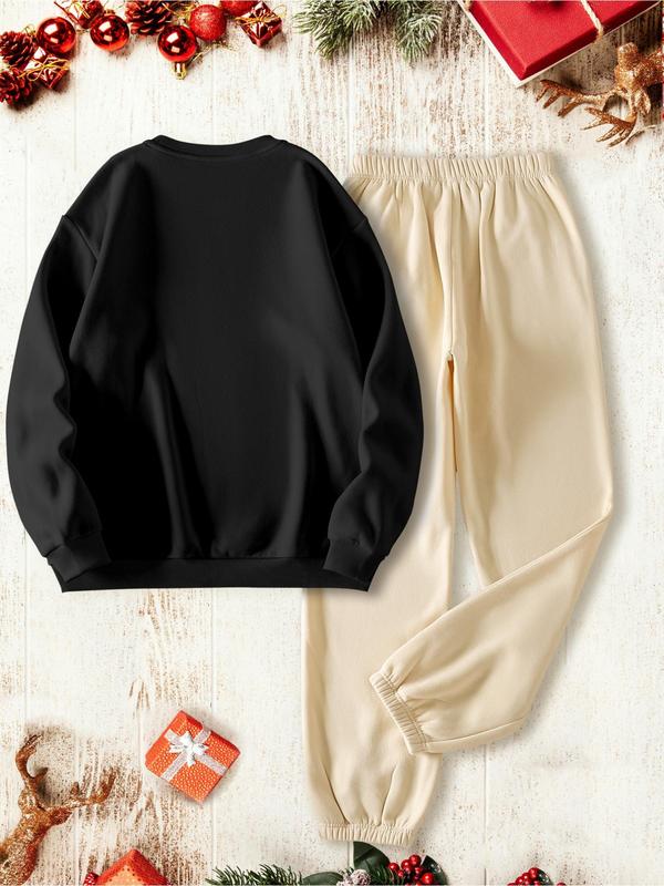 Two-piece Set Women's Christmas Print Thermal Lined Sweatshirt & Elastic Waist Sweatpants, Casual Fashion Cozy Round Neck Long Sleeve Pullover & Pocket Jogger Pants for Daily Wear, Ladies Fall & Winter Clothes