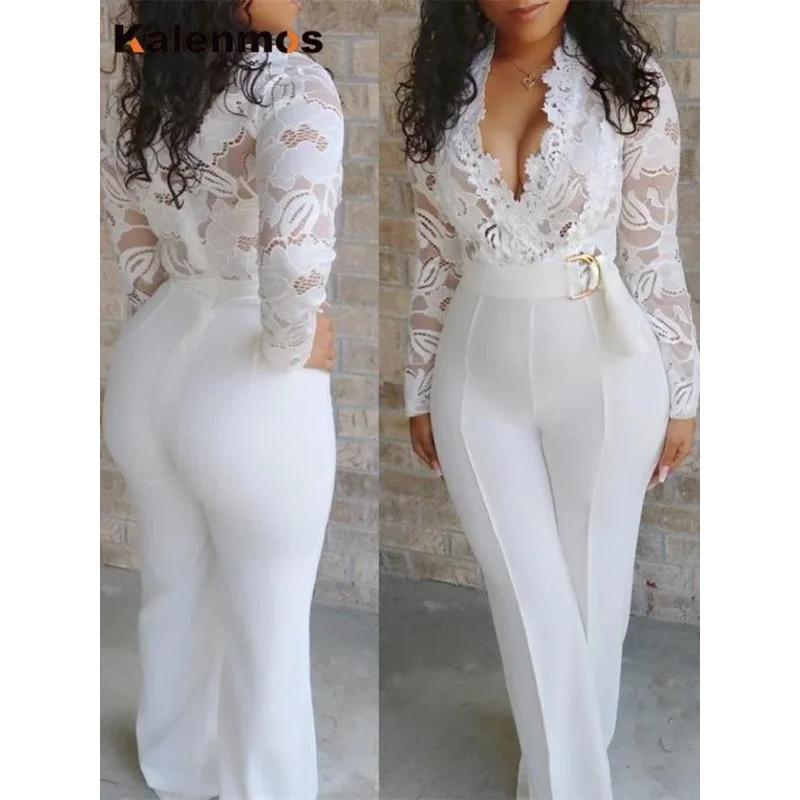 New In Jumpsuit Women White Overalls Party Lace Rompers Bodysuit One Piece Long Sleeve V-neck Long Pants Y2k Elegant Spring Work