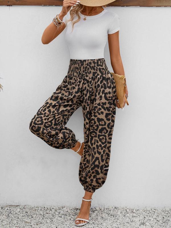 Women's Leopard Print Pocket Shirred Waist Pants, Casual Comfy Trousers for Daily Wear, Ladies Bottoms for Fall & Winter