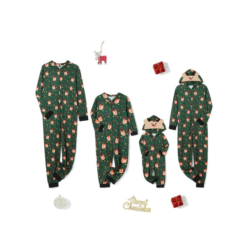 Christmas Pajamas For Family, Long Sleeve Hooded Deer Print Zipper Closure Jumpsuit Loungewear