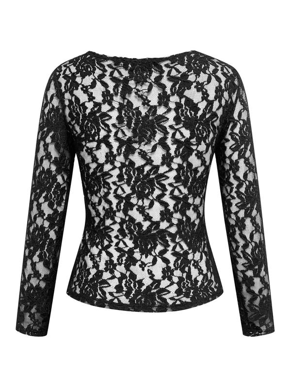 Women's Sexy Floral Lace Scallop Trim Deep V Neck Long Sleeve Tee, Graphic Tees, Womenswear Top, Lady Casual Comfort Sheer T-Shirt for Spring & Fall, Women's Clothes, Please Purchase A Size Up