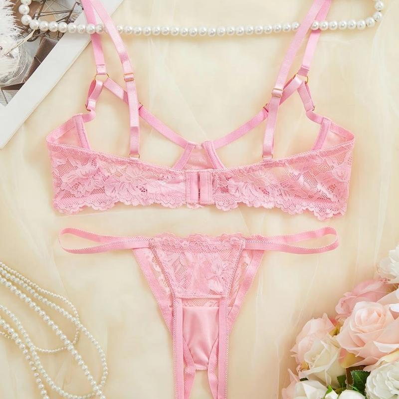 Women's Floral Lace Sexy Lingerie Set,Sexy Cut Out Underwire Bra & Open Crotch Design Thong Two-Piece Set, Lingerie Set for Women,2000s Wear Floral Lace Women's Silk romantic underwear two-piece wear