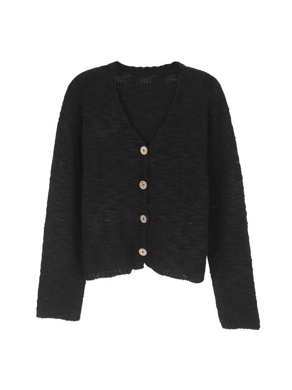 Women's Solid Button Front V Neck Cable Knit Cardigan, Casual Drop Shoulder Long Sleeve Cardigan Sweater for Fall & Winter, Women's Knit Clothing for Daily Wear