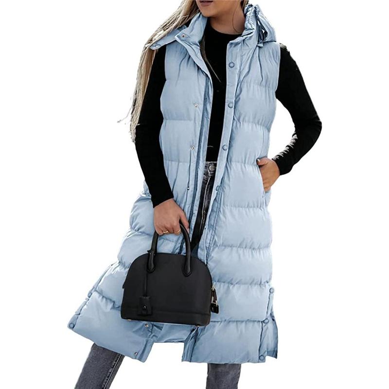 Danedvi Women's long Quilted Vest hooded Sleeveless Button Down puff vest cotton padded jacket winter coat, White, X-Large