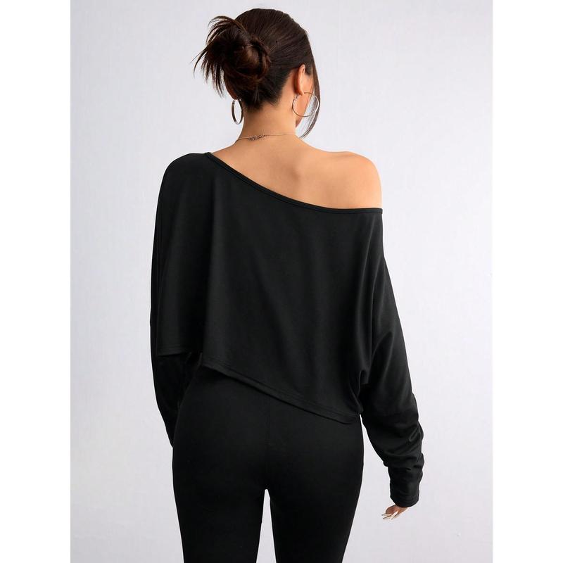 Women's Casual Solid Color Batwing Cropped T-Shirt, Spring Autumn Fabric Fit