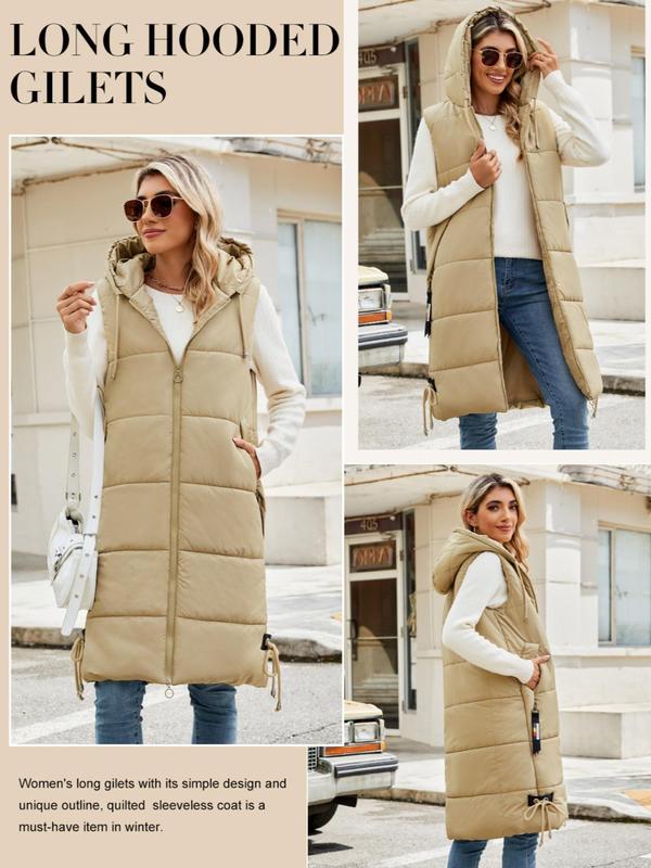 Women's Solid Drawstring Pocket Zip Up Hooded Puffer Vest Coat, Casual Thermal Longline Outerwear for Fall & Winter, Women's Clothes for Daily Wear