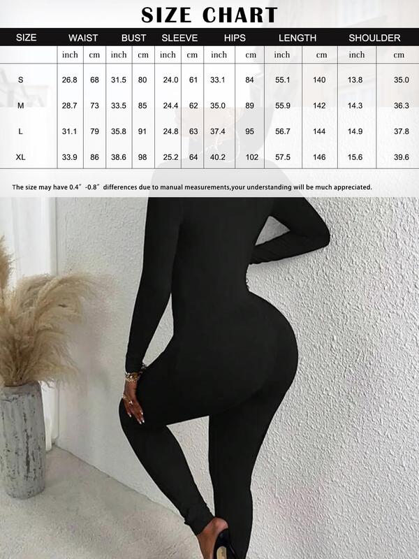 Women's Plain Mock Neck Skinny Jumpsuit, Casual Long Sleeve Bodycon Jumpsuit For Daily Wear, Ladies Fall & Winter Clothes