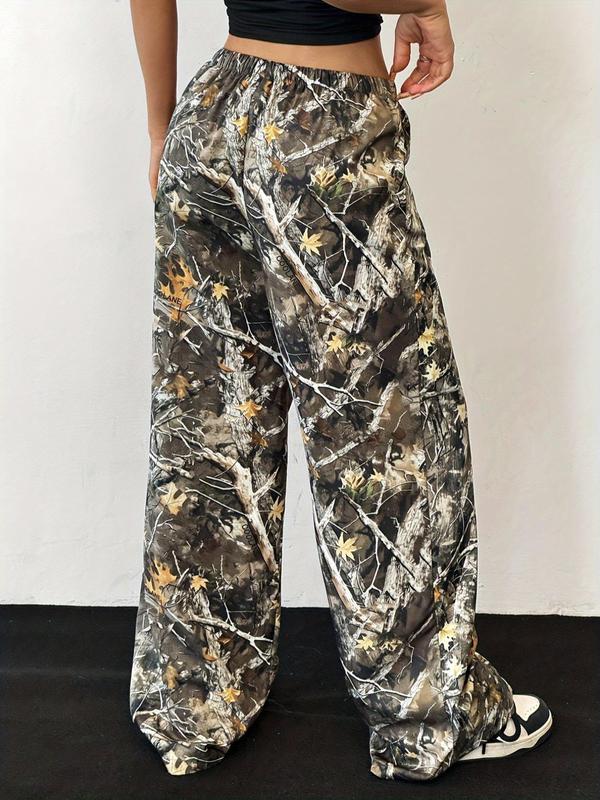 Women's Leaf & Branch Print Drawstring Waist Wide Leg Pants, Casual Elastic Waist Pocket Trousers for Fall & Winter, Women's Bottoms for Daily Wear