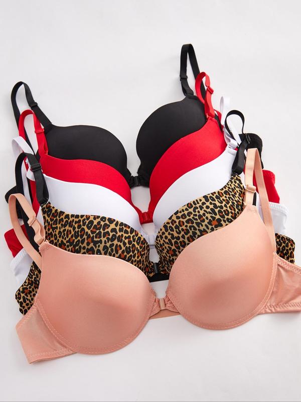 Women's Solid Color & Leopard Print Push Up Bra, Casual Comfortable Breathable Bra, Women's Lingerie for All Seasons