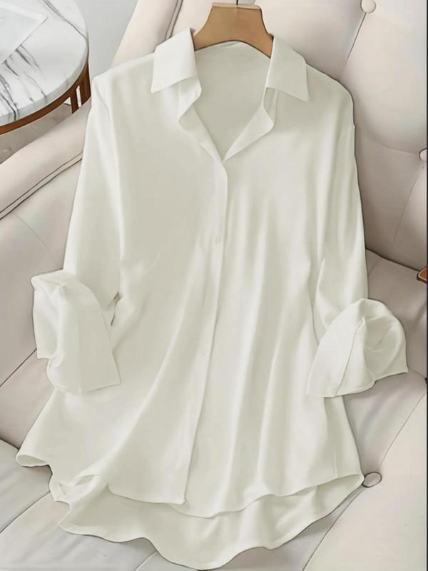 Plus Size Solid High Low Button Front Blouse, Casual Long Sleeve Collared Top for Summer, Women's Clothes for Daily Wear