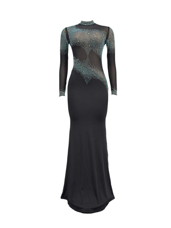 Women's Rhinestone Decor Contrast Mesh Mermaid Dress, Elegant Mock Neck Long Sleeve Evening Party Gown, Ladies Clothes for All Seasons