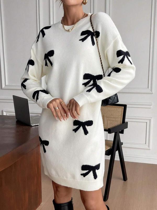 Women's Colorblock Bow Print Drop Shoulder Sweater Dress, Casual Long Sleeve Round Neck Knit Dress for Fall & Winter, Women's Knitwear for Daily Wear