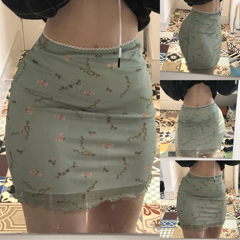 Women Girls Mesh Flower Print Mini Skirt High Waist Double Layer Skirts A-Line Ruffles Skinny Short Skirts Y2K Streetwear Light Green