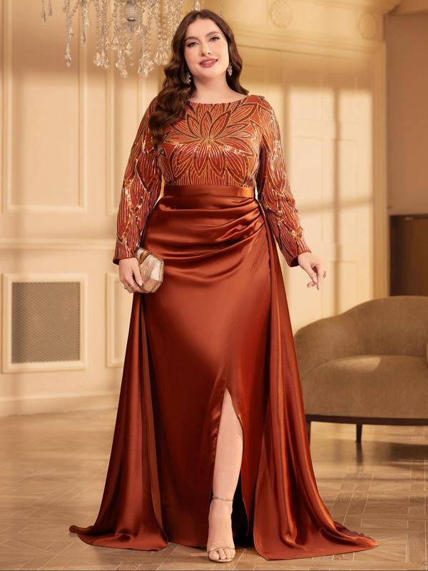  Contrast Floral Sequin Ruched Split Satin Evening Dress, Elegant Formal Wear, Long Sleeve Round Neck A Line Dress for Party & Banquet, Elegant Formal Dresses, Women's Clothes for All Seasons