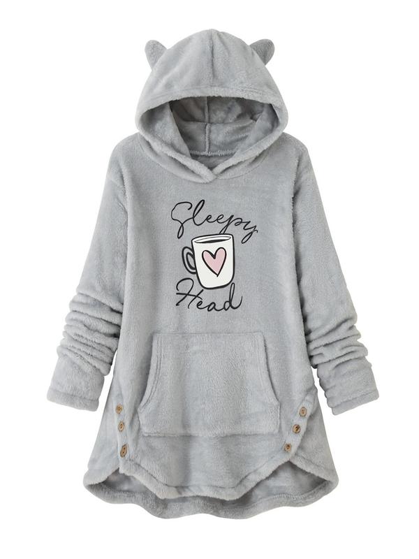 Women's Letter & Coffee Cup Print Button Front Pocket Hooded Fuzzy Sweatshirt, Casual Long Sleeve Hooded Pullover for Fall & Winter, Women's Clothes for Daily Wear