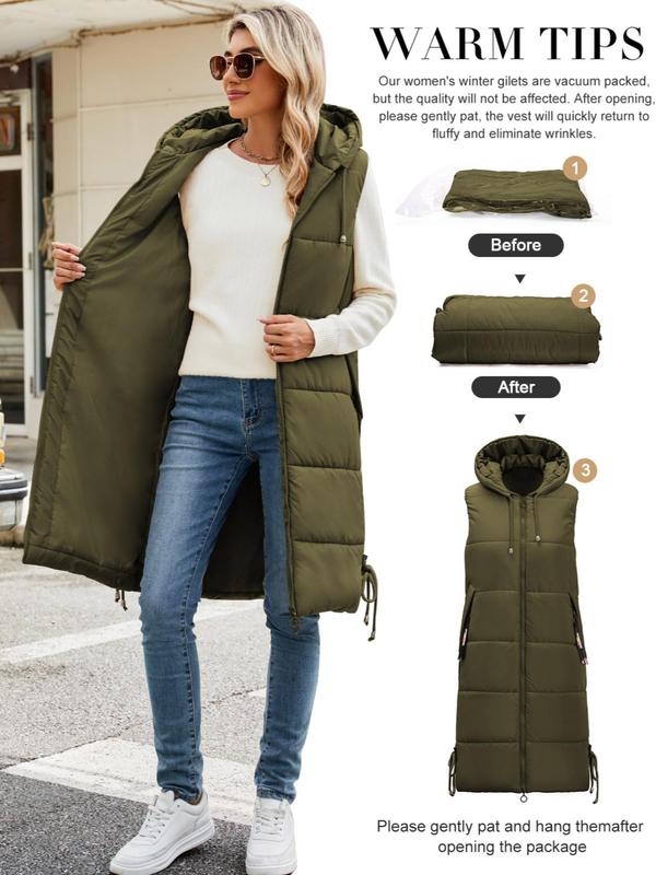 Women's Solid Drawstring Pocket Zip Up Hooded Puffer Vest Coat, Casual Thermal Longline Outerwear for Fall & Winter, Women's Clothes for Daily Wear