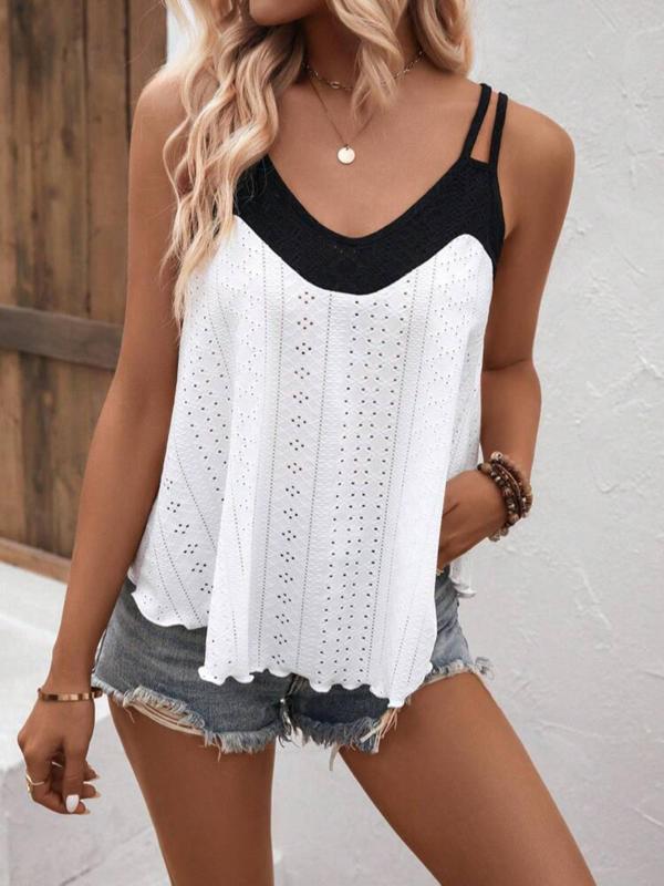 Women's Colorblock Eyelet Embroidery Cut Out Cami Top, Casual Spaghetti Strap Sleeveless Top for Summer, Ladies Clothes for Daily Wear