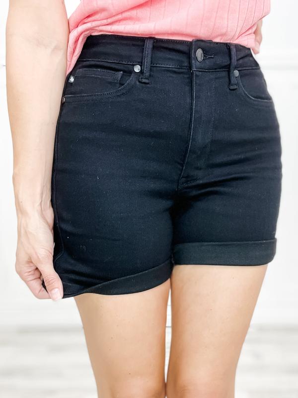 Judy Blue RIPLEY Hi-Rise Tummy Control Cuffed Black Denim Shorts