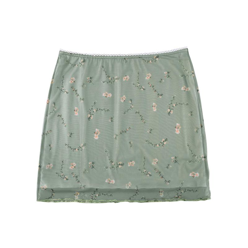 Women Girls Mesh Flower Print Mini Skirt High Waist Double Layer Skirts A-Line Ruffles Skinny Short Skirts Y2K Streetwear Light Green