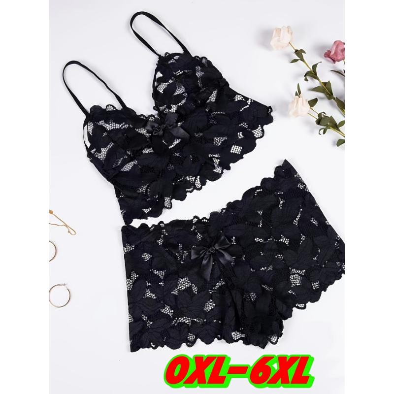 Women's Plus Sexy Lingerie Set, Plus Size Bow Decor Floral Applique Lace Bra & Panty Lingerie 2 Piece Set