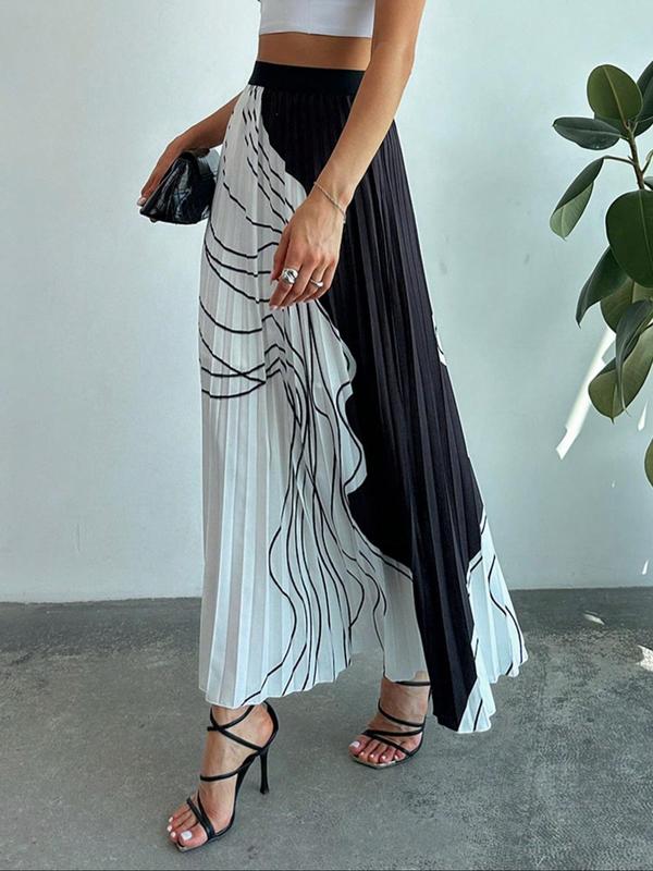 Women's Colorblock Print Pleated Skirt, Elegant High Waist A Line Skirt for Work Office Business, Ladies Clothes for All Seasons