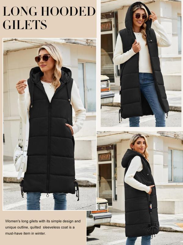 Women's Solid Drawstring Pocket Zip Up Hooded Puffer Vest Coat, Casual Thermal Longline Outerwear for Fall & Winter, Women's Clothes for Daily Wear