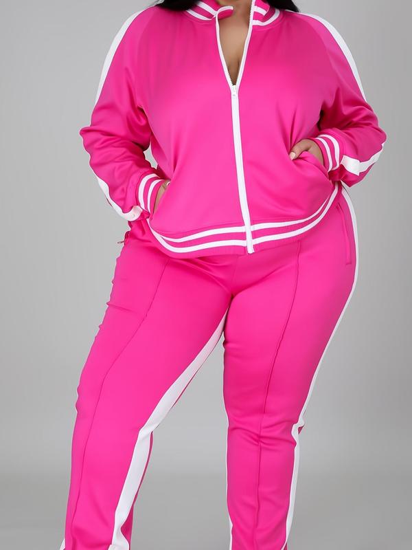 Plus Striped Print Zipper Jacket & Pants Matching Set, Mean Girls Outfit, Women's Sporty Outerwear & Straight Leg Trousers Suits Set, Women's Two-piece Outfits