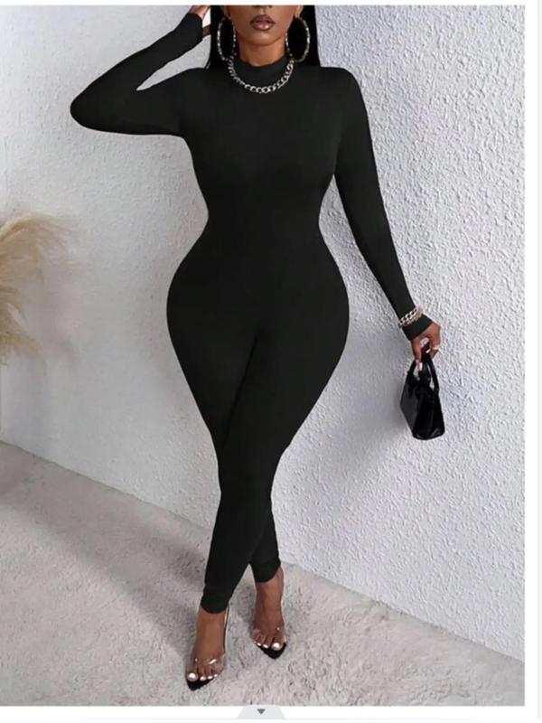 Women's Plain Mock Neck Skinny Jumpsuit, Casual Long Sleeve Bodycon Jumpsuit For Daily Wear, Ladies Fall & Winter Clothes