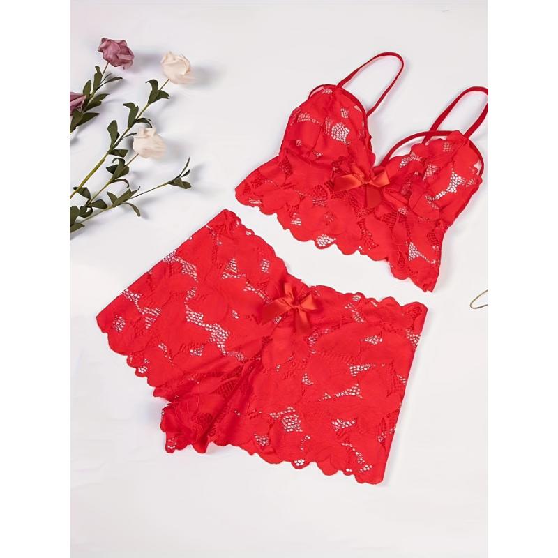 Women's Plus Sexy Lingerie Set, Plus Size Bow Decor Floral Applique Lace Bra & Panty Lingerie 2 Piece Set