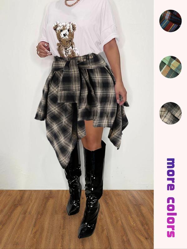 Women's Plaid High Low Hem Knot Front A Line Skirt, Casual Fashion Asymmetrical Hem Skirt for Daily Wear, Ladies Fall & Winter Bottoms