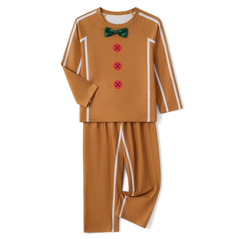 Gingerbread Man Matching Christmas Pajamas For Family, Gingerbread Man Bow Decor Print Tops and Pants Sleepwear Set