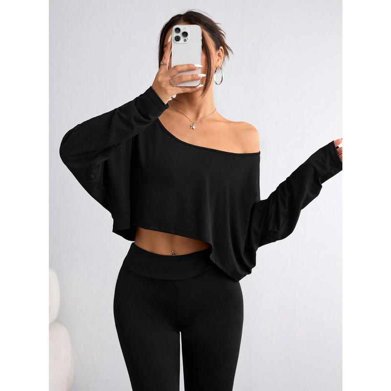 Women's Casual Solid Color Batwing Cropped T-Shirt, Spring Autumn Fabric Fit