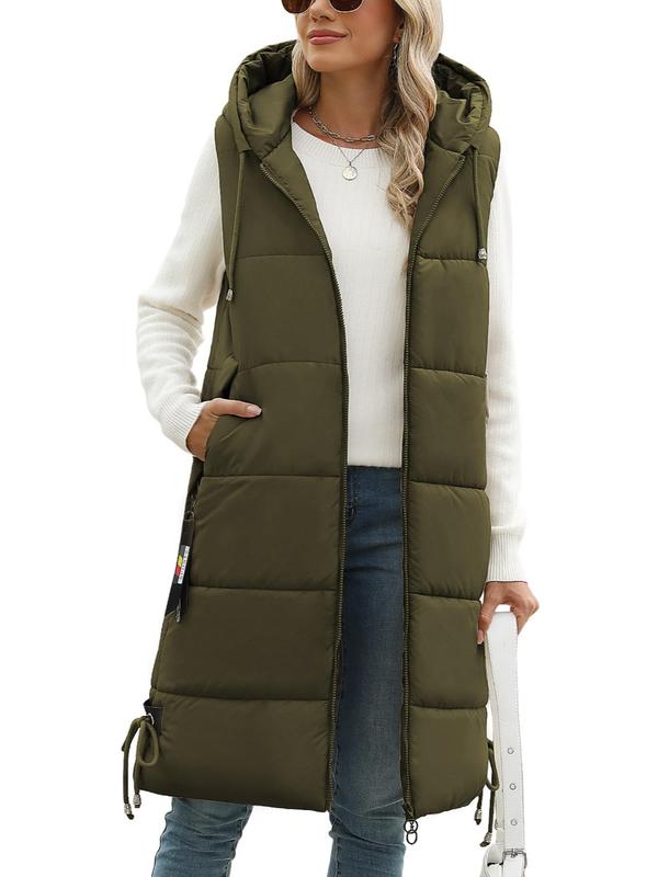 Women's Solid Drawstring Pocket Zip Up Hooded Puffer Vest Coat, Casual Thermal Longline Outerwear for Fall & Winter, Women's Clothes for Daily Wear