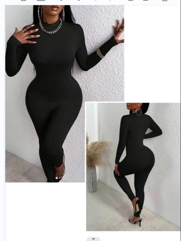 Women's Plain Mock Neck Skinny Jumpsuit, Casual Long Sleeve Bodycon Jumpsuit For Daily Wear, Ladies Fall & Winter Clothes