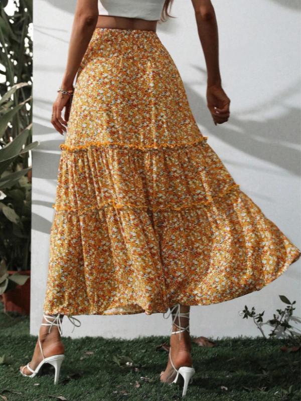 Women's Ditsy Floral Print Frill Trim Shirred Waist Skirt, Boho Fashion Casual  Tiered Layer Long Skirt for Daily Holiday Vacation Wear, Ladies Bottoms for Summer