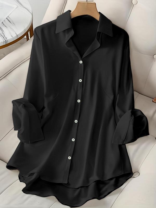 Plus Size Solid High Low Button Front Blouse, Casual Long Sleeve Collared Top for Summer, Women's Clothes for Daily Wear