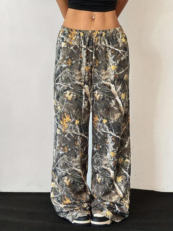 Women's Leaf & Branch Print Drawstring Waist Wide Leg Pants, Casual Elastic Waist Pocket Trousers for Fall & Winter, Women's Bottoms for Daily Wear