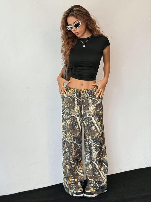 Women's Leaf & Branch Print Drawstring Waist Wide Leg Pants, Casual Elastic Waist Pocket Trousers for Fall & Winter, Women's Bottoms for Daily Wear