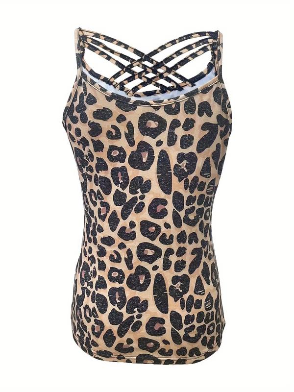 Women's Leopard Print Criss Cross Cut Out Cami Top, Casual Sleeveless Spaghetti Strap Top for Summer, Ladies Clothes for Daily Wear