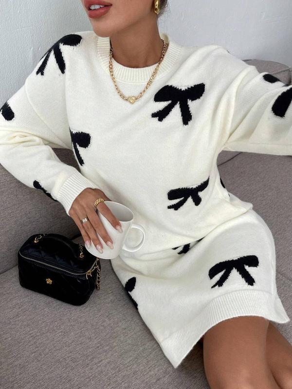 Women's Colorblock Bow Print Drop Shoulder Sweater Dress, Casual Long Sleeve Round Neck Knit Dress for Fall & Winter, Women's Knitwear for Daily Wear