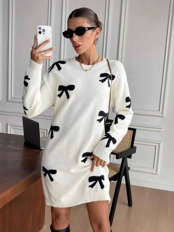 Women's Colorblock Bow Print Drop Shoulder Sweater Dress, Casual Long Sleeve Round Neck Knit Dress for Fall & Winter, Women's Knitwear for Daily Wear